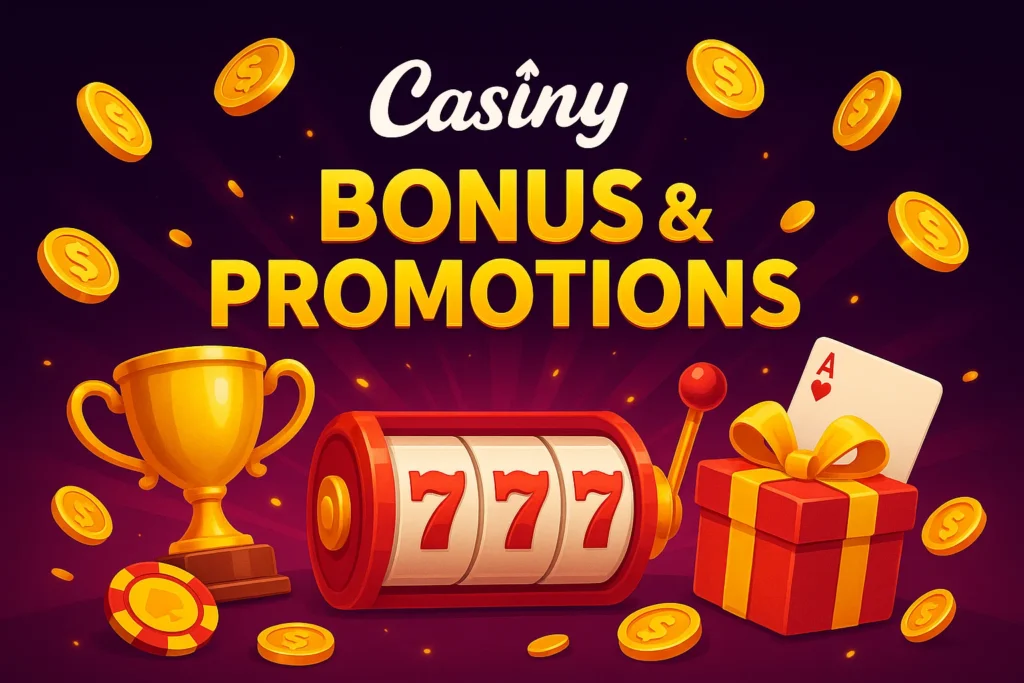 Casiny bonus and promotions artwork showing a slot reel, trophy and gift box