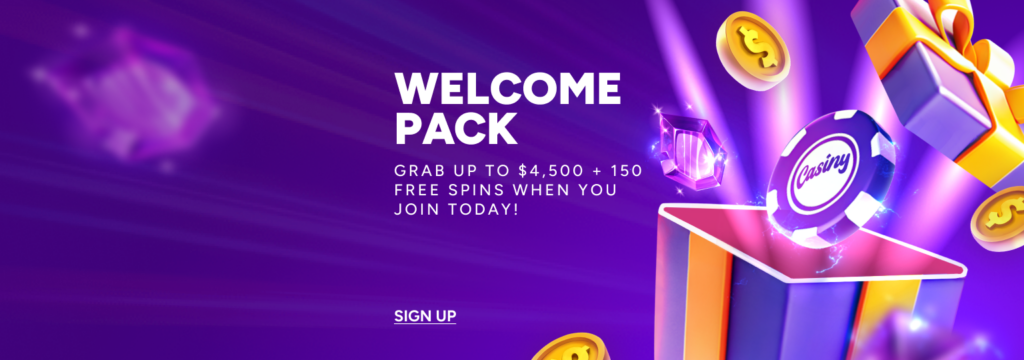 Casiny welcome pack banner advertising up to $4,500 plus 150 free spins for new Australian players