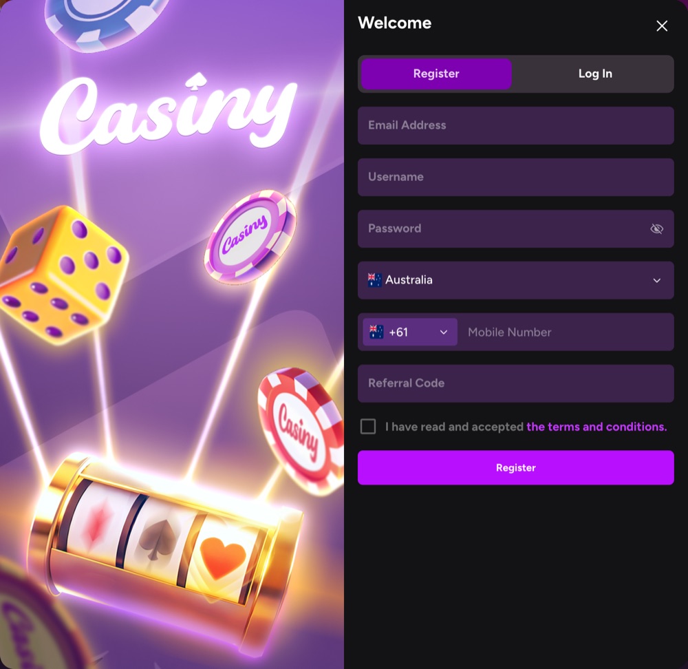 Casiny registration form showing Email Address, Username, Password, country set to Australia, mobile number with the plus 61 prefix, referral code and terms checkbox